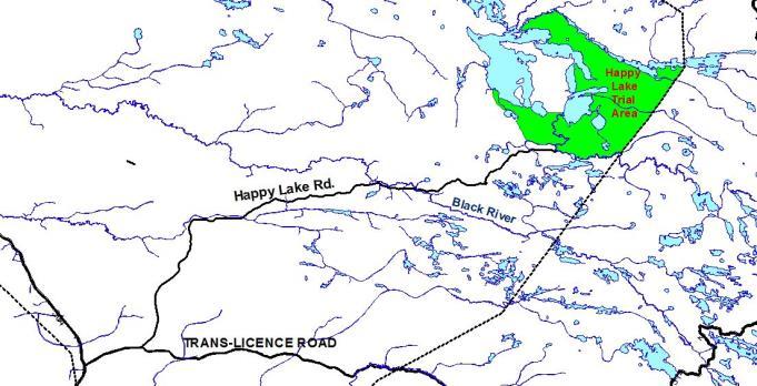 Figure 6. Happy Lake Management Trial Area in GHA 26. The area planned for forest harvesting and monitoring of moose (approximately 62 km²) is depicted in green.