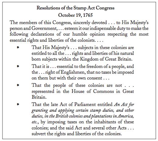 Colonial leaders called for a Stamp Act Congress to meet in New York in October 1765 to draft a resolution to send to King George III opposing the Stamp Act.