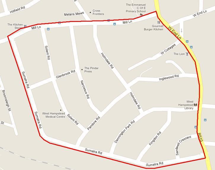 2) At West End Lane to: Introduce a 20mph limit between Quex Road and Mill Lane/Fortune Green Road Build out the footway on the western side of West End Lane, by nos. 283-315.