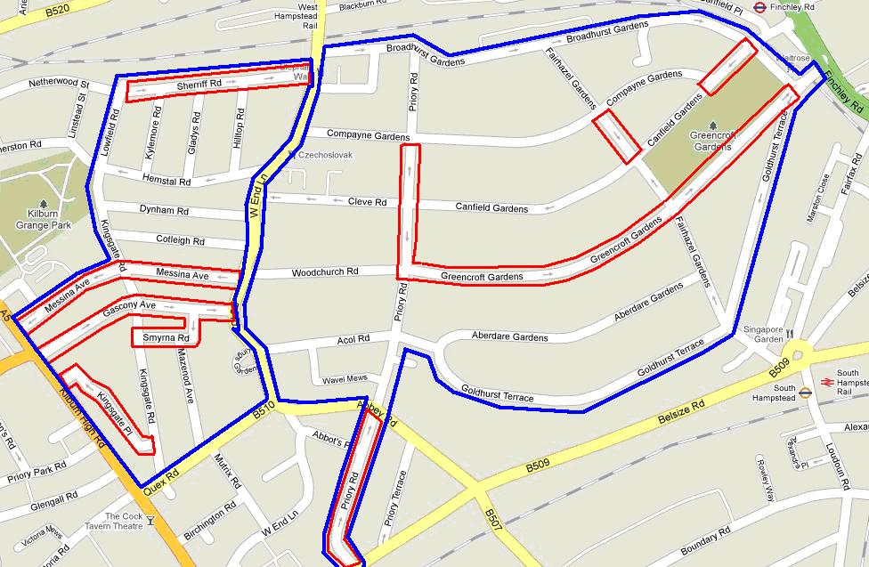 Information Only Figure 7 Consultation Area West Hampstead Cycle Permeability Improvements (Note Red outline indicates streets affected by contra-flow measures; Blue outline represents consultation