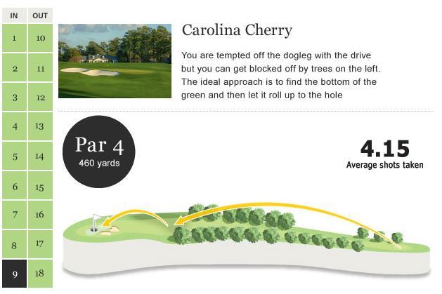 9 th hole Not the most demanding tee shot on the front nine but one which requires good placement and yardage in order to attack the green.