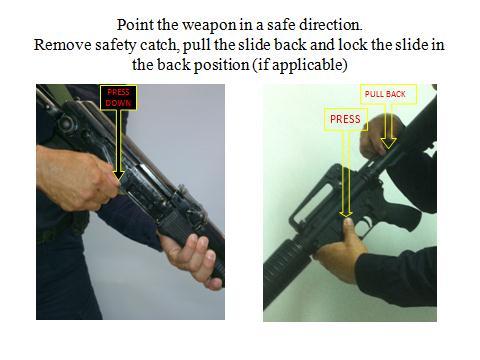 14 Slide 16 With a long barrelled weapon the technique is very similar. The magazine or ammunition source must be removed, and safety catch is ON.
