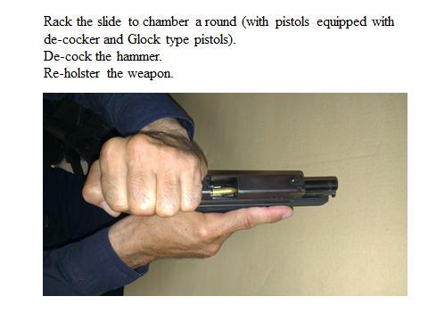 17 The magazine is inserted with the weak hand. Pistols with hammer and without decocker will be holstered at this point. Slide 22 With weak hand gripping over, rack the slide to chamber a round.
