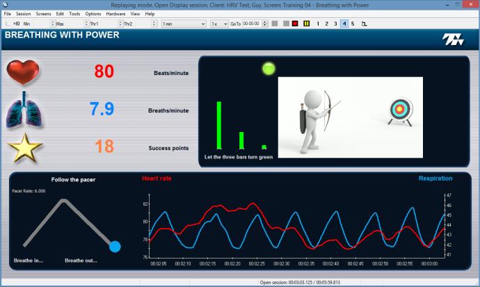 Training 03 Breathing with heart rate This screen specifically looks at training the respiration sinus arrhythmia (RSA) effect and feeds back on phase between the breathing and heart rate waves.