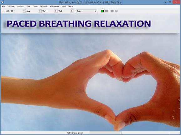 Relaxation screen sequence Introduction screen When you launch the Paced Breathing Relaxation session Quick Start, after selecting a client and clicking OK, the introduction screen appears.