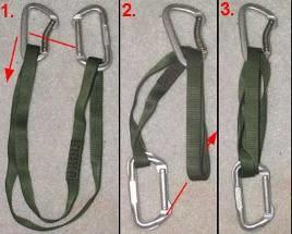 Runner Quickdraw Cams, chocks, and runners can be carried on an over-the-shoulder sling, on the harness gear loops, or on both.