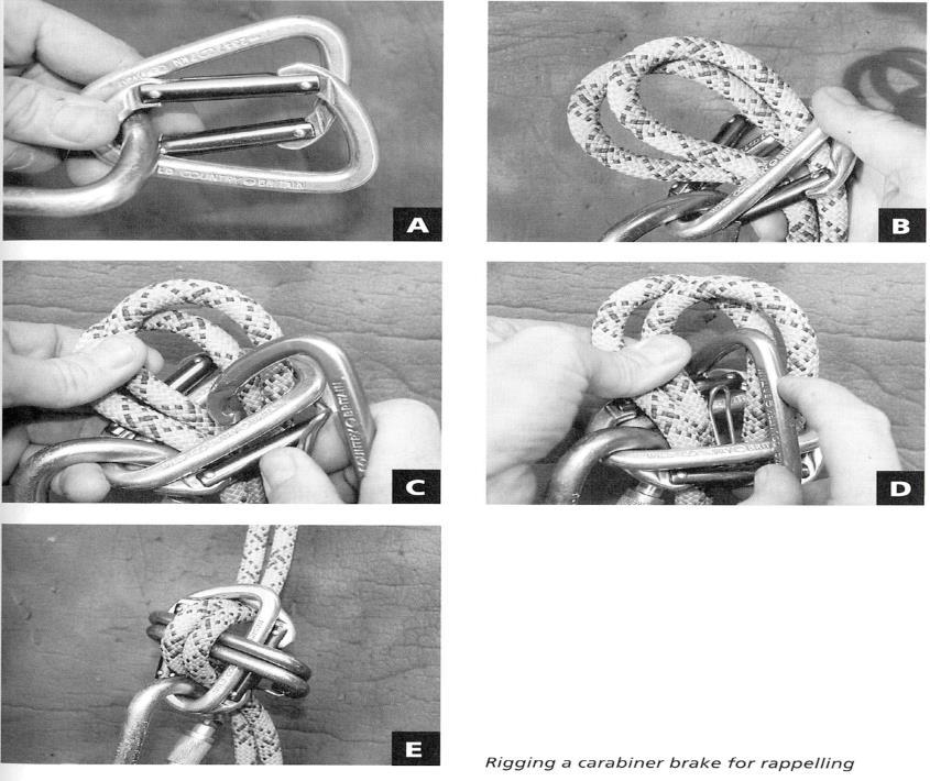 Carabiner Brake: The carabiner brake is seldom used for rappelling. It can be rigged using four standard carabiners and one locking carabiner.