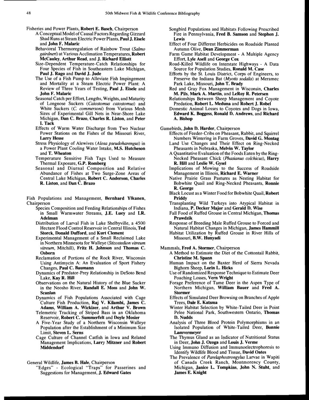 48 50th Midwest Fish & Wildlife Conference Bibliography Fisheries and Power Plants, Robert E.