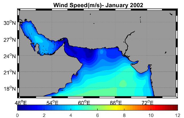 Wind data were obtained from CFSR model for 2002 Seasonal wind regime for the study area, resulting from reversing surface pressure system, are provided in Figures 3 and 4.