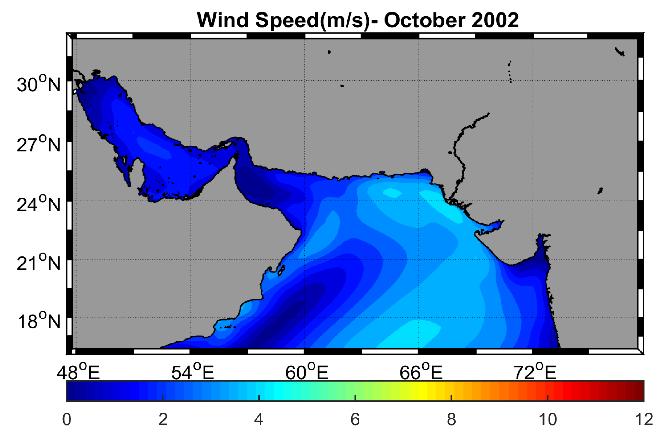 Over the west of the Gulf of Oman, weak northwesterly winds were dominant as a result of Shamal wind blowing in the Persian Gulf.