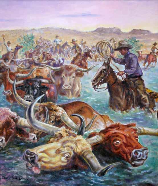 All in a Day s Work by Oklahoma artist Charles Banks Wilson shows longhorn cattle crossing a river during a cattle drive. profitable.