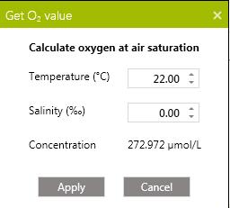 Conc. The below dialog box will be shown. Add the temperature and salinity of the calibration solution to receive the oxygen concentration. Press Apply. 4.