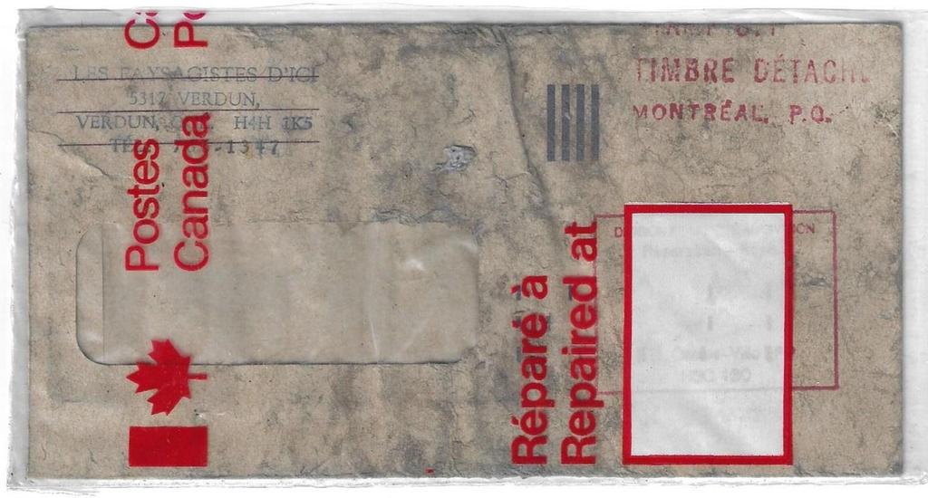 Item 282-33 Damaged c1990, Visa window envelope from Verdun Que received in damaged condition