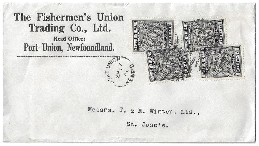 00 SOLD Item 282-34 Fishermen s Union Trading, NFLD 1940, 1 Codfish (4) tied by grid cancel