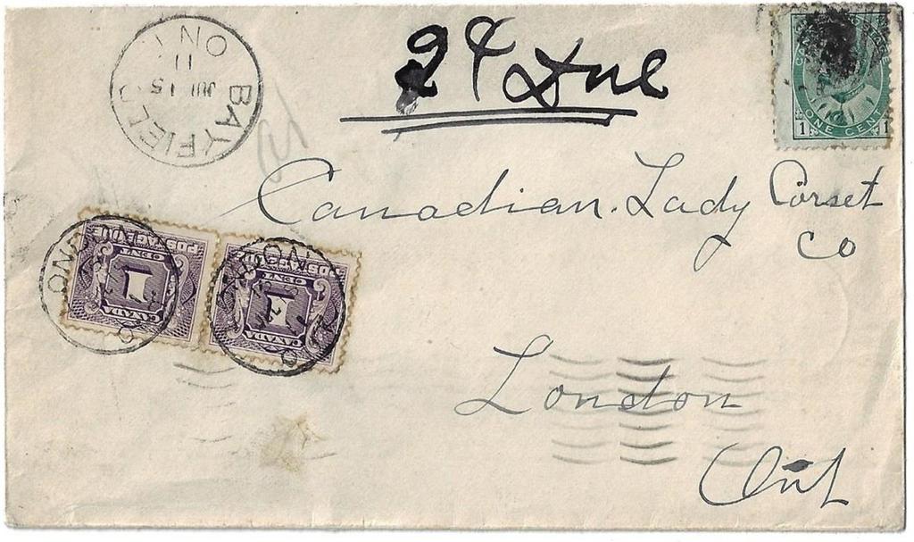$35.00 Item 282-36 2 letter rate from Bayfield Ont 1911, 1 Edward tied by grid cancel from Bayfield Ont