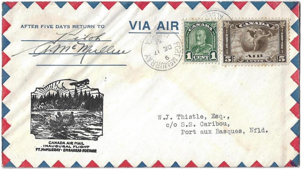 Item 282-39 Signed by the pilot, McMullen 1931, 1 Arch, 5 Mercury tied by Fort McMurray Alberta cds on flight cover