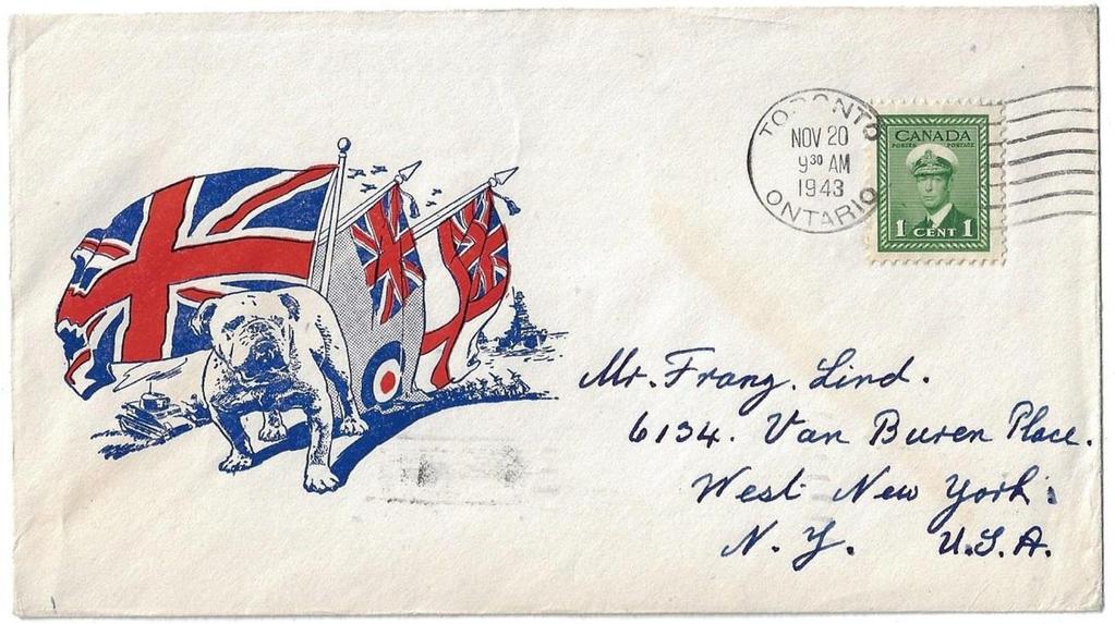 Item 282-04 Bulldog patriotic - 1943, 1 War Issue tied by Toronto Ont machine cancel on