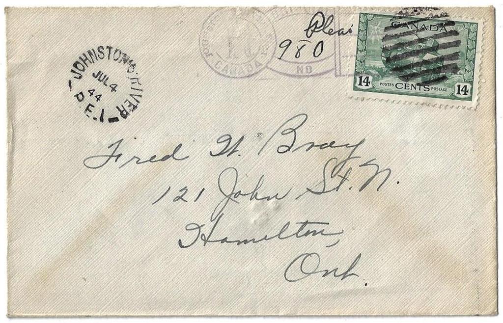 Item 282-08 Johnstown River PEI 1944, 14 Tank tied by grid cancel and keyhole from Johnstown PEI on cover paying 14