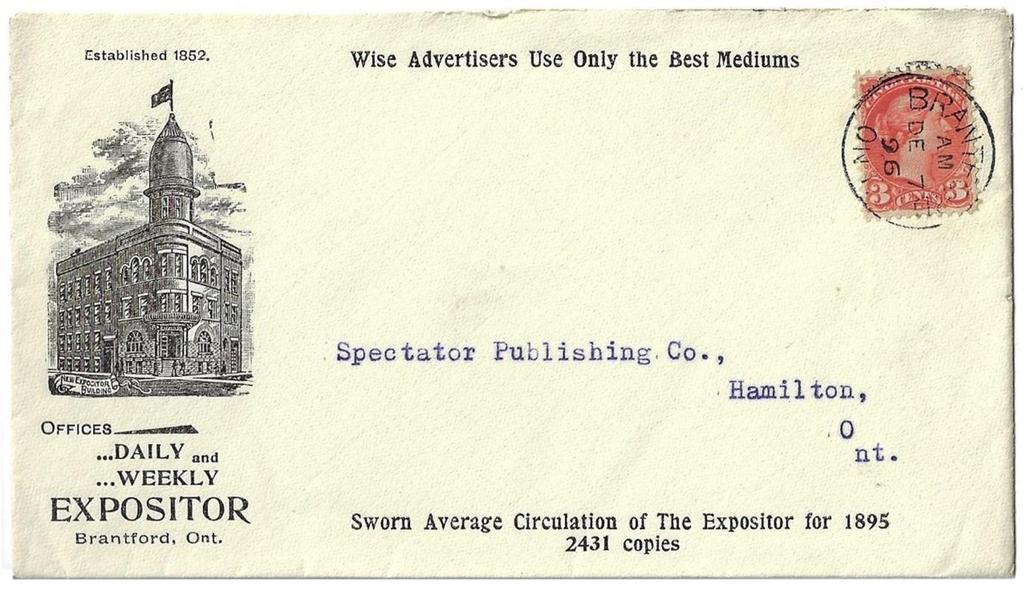 Item 282-14 Expositor, Brantford Newspaper 1896, 3 SQ tied by Brantford Ont cds