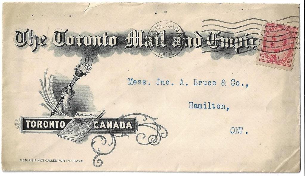 00 SOLD Item 282-15 Toronto Mail and Empire 1906, 2 Edward tied by Toronto