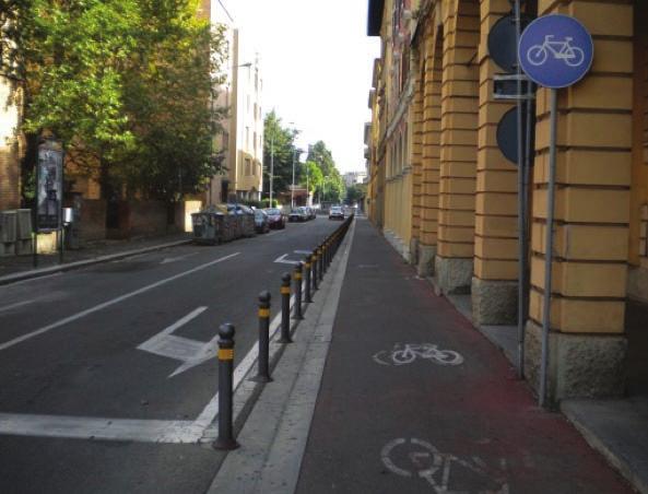 separation obtained by a non-continuous barrier; c) cycle track, obtained from the sidewalk, separating pedestrian and bicycle areas with different pavements; d) cycle track, obtained from the