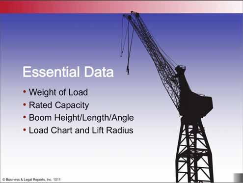 Essential Data Weight of Load Rated Capacity Boom Height/Length/Angle Load Chart and Lift Radius No matter what type of crane is being used, certain pieces of information are essential for a safe