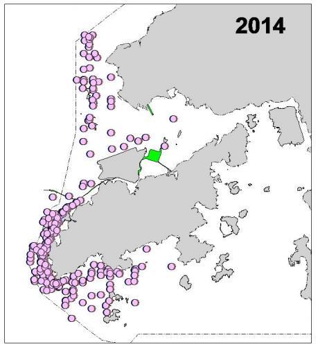 Figure 3: Distribution of Chinese white dolphin sightings (2014) (AFCD, 2015b) 2.2.3 Feeding Areas The CWD s feeding areas are most threatened because they tend to feed near the coast (WWF Hong Kong, 2015e).