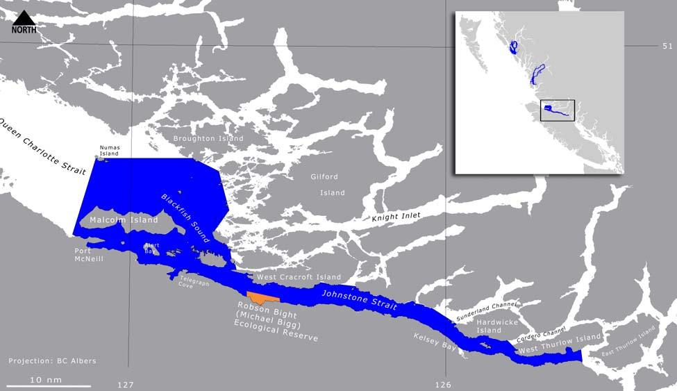Figure 5. Proposed critical habitat for northern resident killer whales in the Johnstone Strait area, northeastern Vancouver Island.