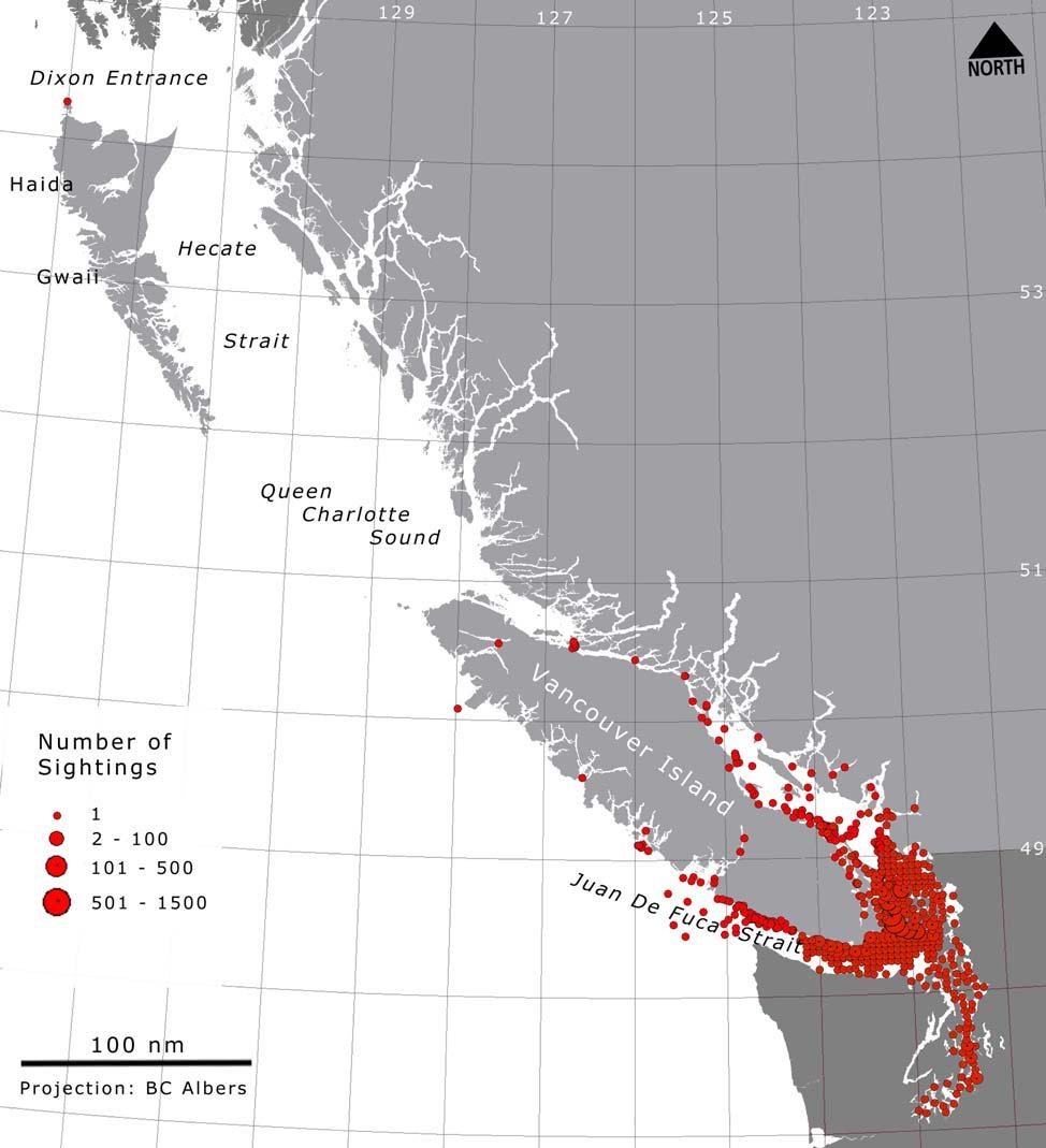 Figure 15. Distribution of sightings and encounters with southern resident killer whales off British Columbia and the inside waters of Washington State.