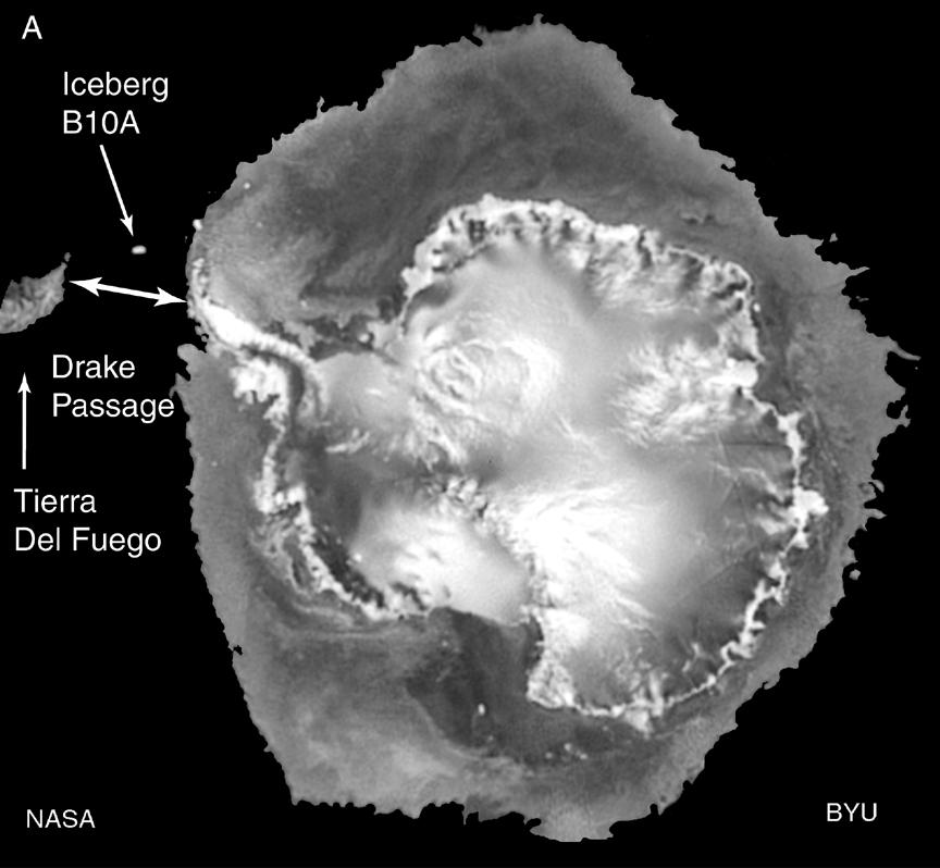 Figure 1A. This QSCAT image shows Antarctica and surrounding sea ice cover in July 1999.