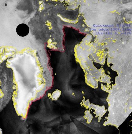 Figure 1B. The QSCAT ice product of the Barents and East Greenland Seas is shown for April 5, 2001.