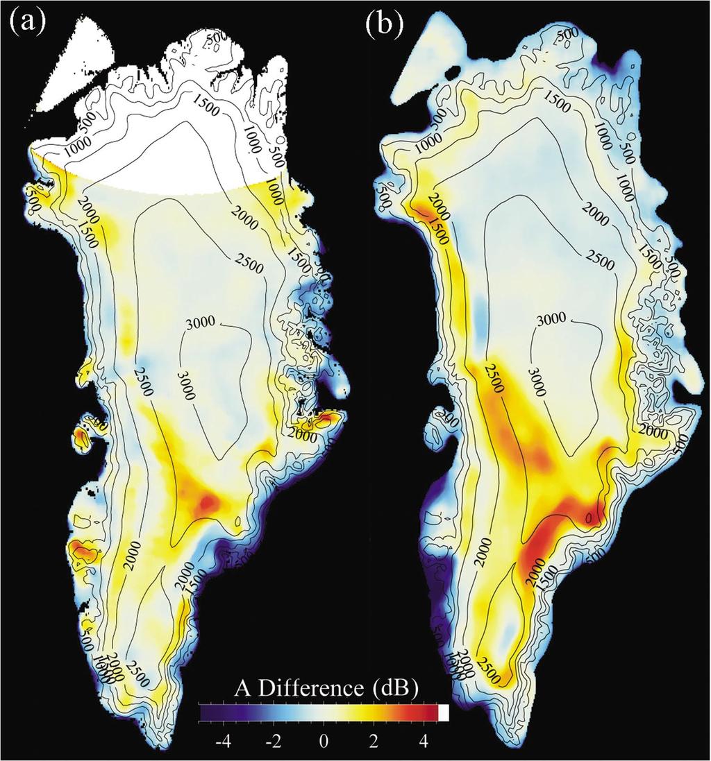 Figure 2. Scatterometer data from SASS, NSCAT, and QSCAT over Greenland are used to monitor changes in melt extent and snow accumulation in response to inter-annual and decadal climate variability.