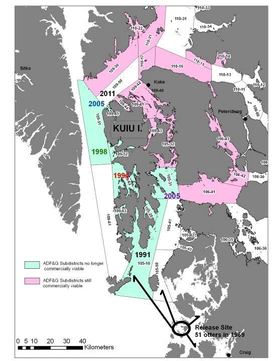 Dungeness crab impacts 5 Sub-district 19-42 Sub-district 15-31 Catch (x1, pounds) 4 3 2 1 1985 199 1995 2 25 21 Fishing Year (Apr-Mar) ADF&G subdistricts no longer commercially