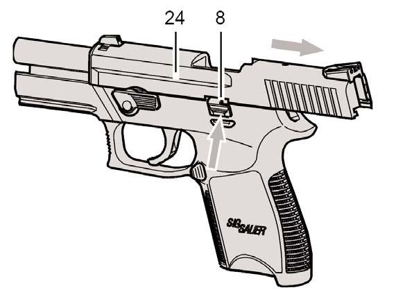 5.0. Unloading the Pistol 5.1. Unloading the Pistol, Magazine Not Empty 1. Keep the muzzle pointed in a safe direction. 2.