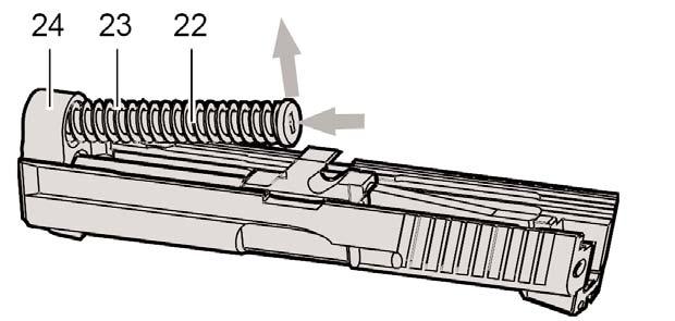 6. Move the complete slide assembly (slide 24, barrel 21, recoil spring 23 and guide 22) forward and off the frame. 7.