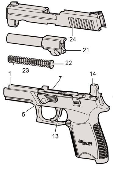 9.3. Cleaning the Pistol CAUTION Never clean the barrel (21) from the muzzle end; do not use a steel wire brush as it can damage the smooth surface of the barrel.