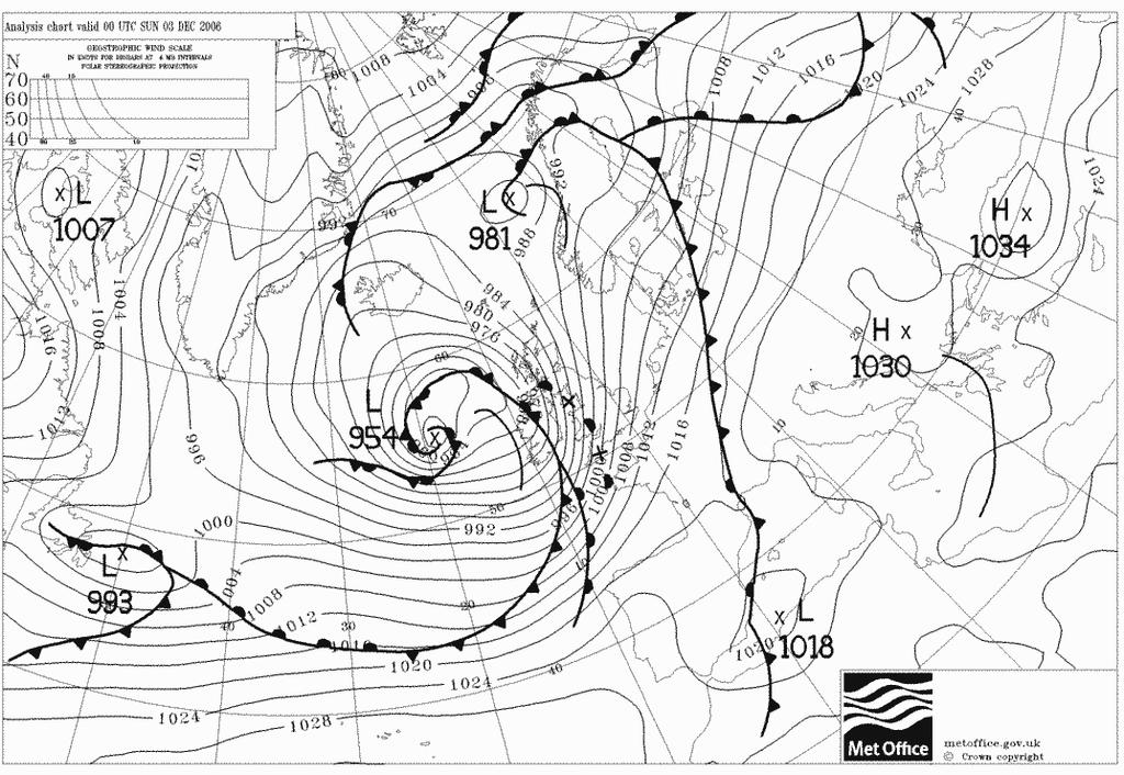 Figure 12: Pressure chart 3 December 2006. Low pressure systems are present across the Norwegian Sea and the UK. (UKMO) 30 December 2006 Wave heights reached 2.