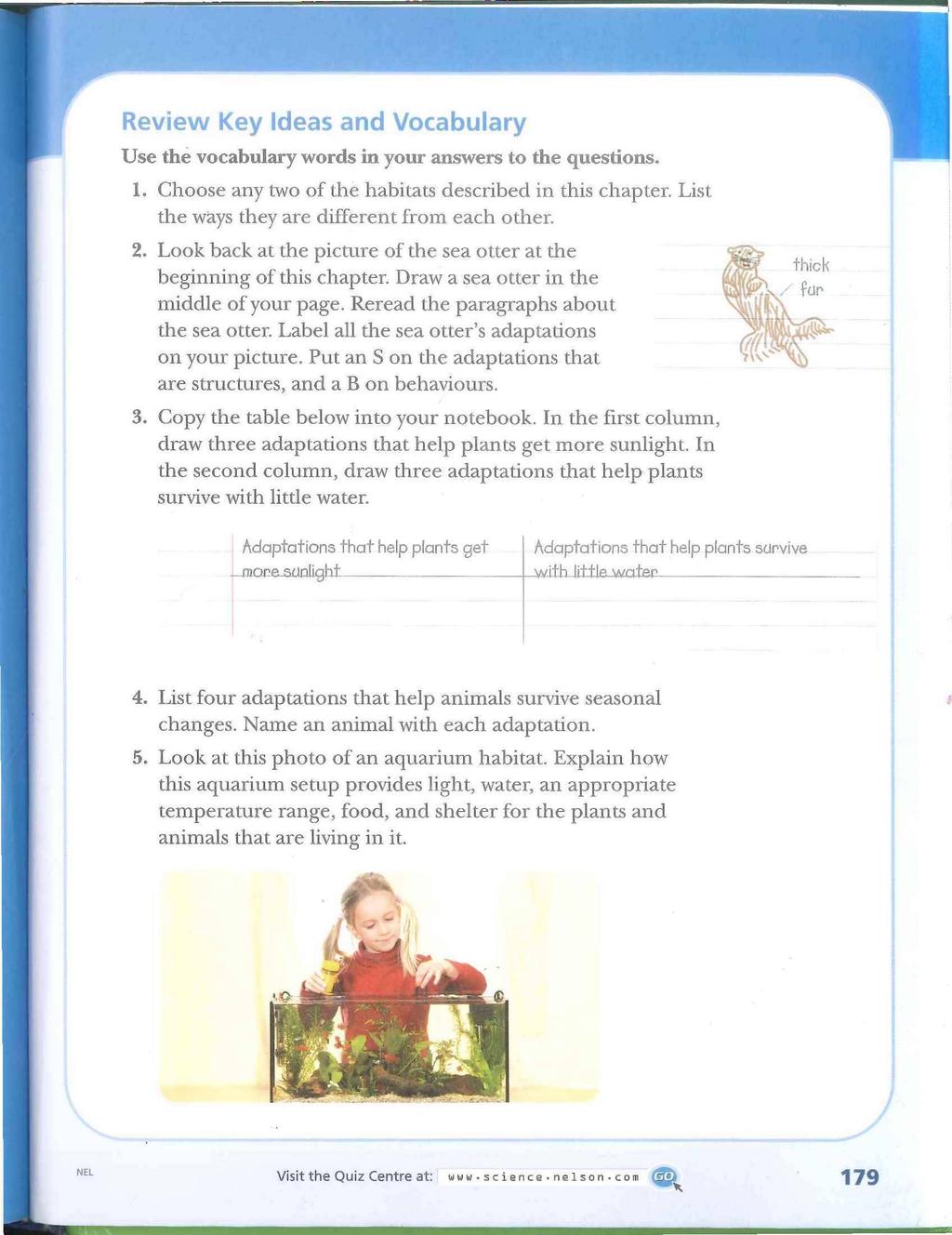 Review Key Ideas and Vocabulary Use the vocabulary words in your answers to the questions. 1. Choose any two of the habitats described in this chapter.
