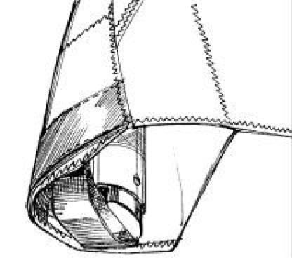 2.1.17. Tighten the sail along the leading edge and put the sail mount webbing into the slot in the end cap. Fix the sail by inside Velcro (Fig. 16). Fig. 16 2.1.18.