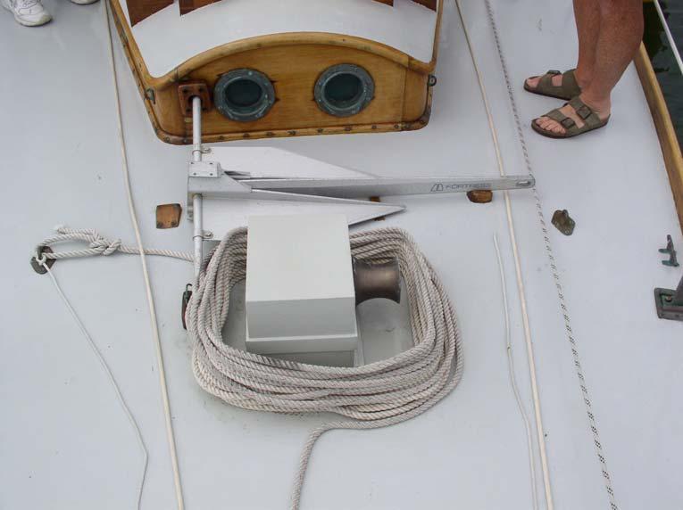 An electric windlass is housed in a special box on the