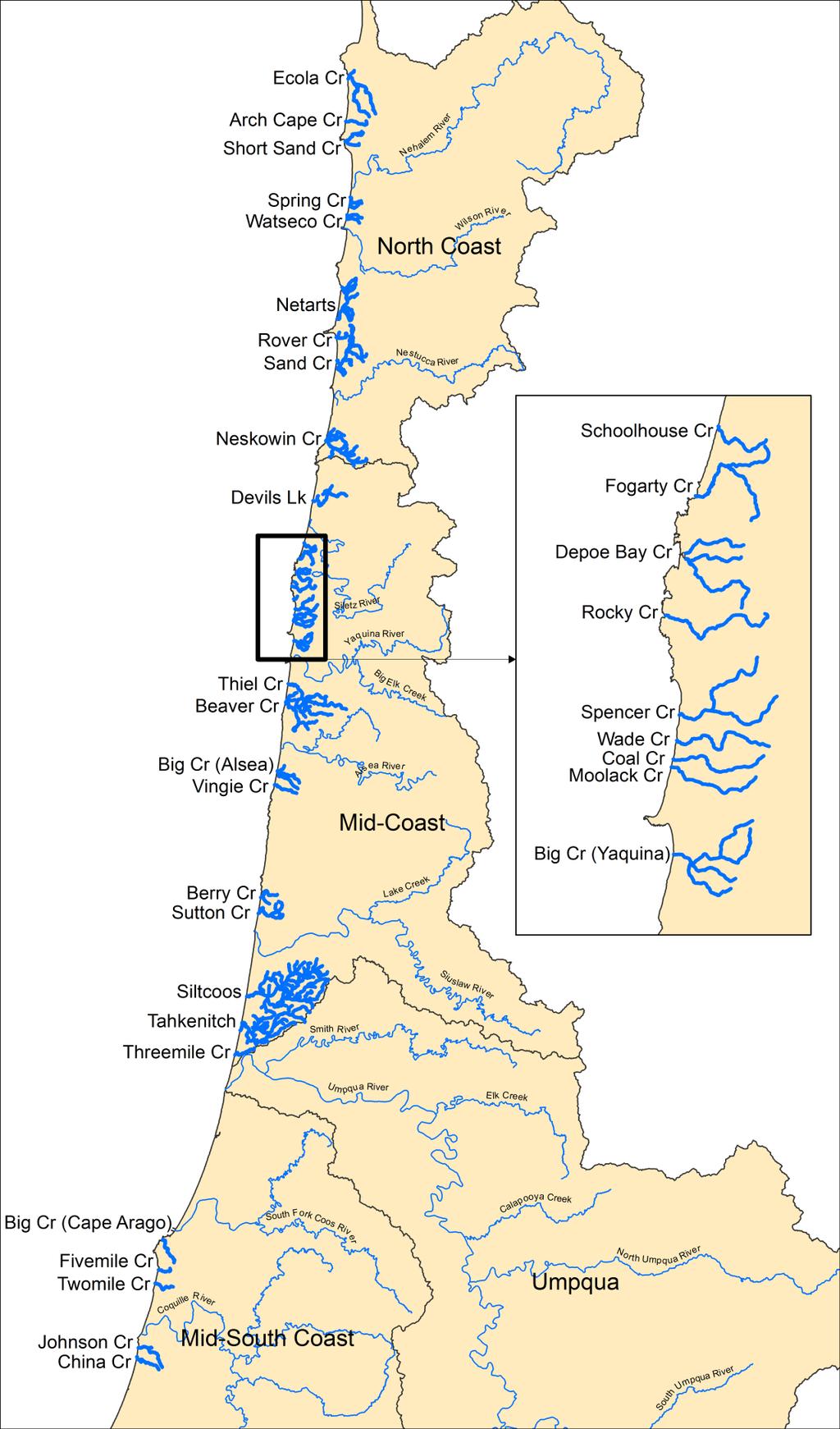 Figure A-I: 1. Map of coastal direct ocean tributaries which were not assessed in the CMP but contain salmon and trout.