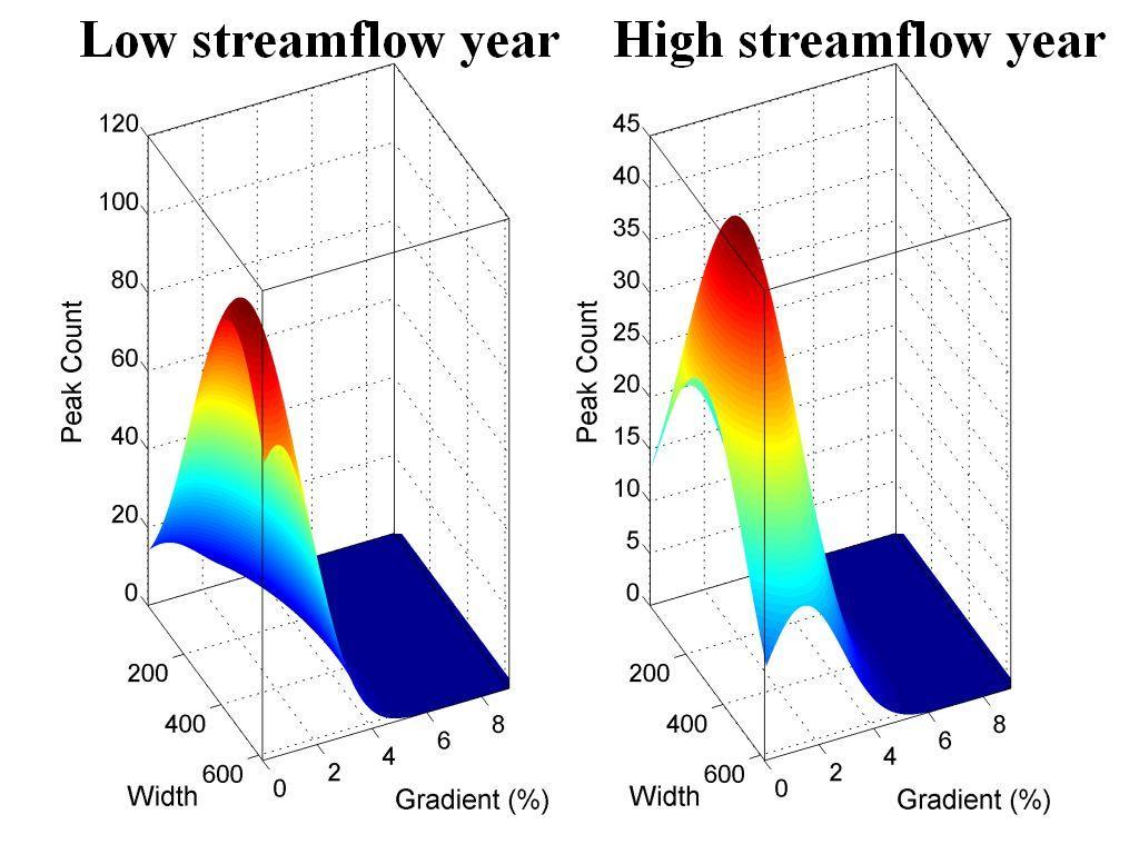 Predicted peak count (colors) over two geomorphic attributes for a low stream