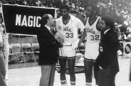 SPARTAN RECORDS Earvin Johnson and Greg Kelser are interviewed by Billy Packer and Bryant Gumbel during the 1979 NCAA Tournament.