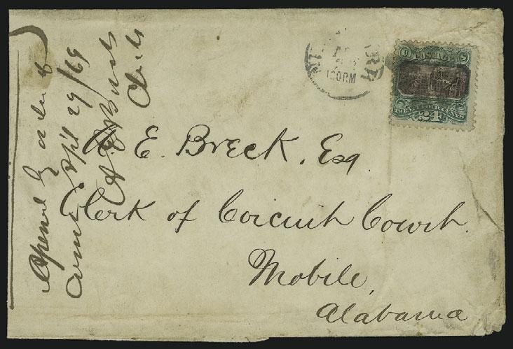 DOMESTIC USAGES 41 41 ` 24c Green & Violet (120). Tied by circle of wedges, New-York Apr. 23 1:30PM circular datestamp on legal-size courthouse cover to Mobile Ala., docketed with Apr.