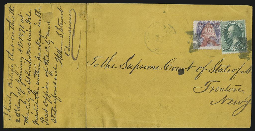 Rich colors, short perf, used with 3c Green (147), tied by quartered cork cancels, St. Louis Mo. Jan. 20 circular datestamp on legal-size cover to Supreme Court at Trenton N.J., sender s docketing at left, severed vertically and rejoined, reduced at right.
