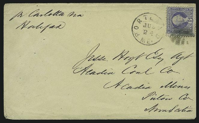 29 (1870) circular datestamp on pictorial cover to Woodstock, New Brunswick, handstamped Paid 2 applied at Houlton for ferriage rate to Canadian post office near border,