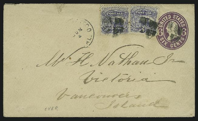 notes on face of cover)...... E. 1,000-1,500 51 49 50 49 ` 3c Ultramarine (114). Two, one has tiny stain, tied by quartered cork cancels, San Francisco Cal. Jun.