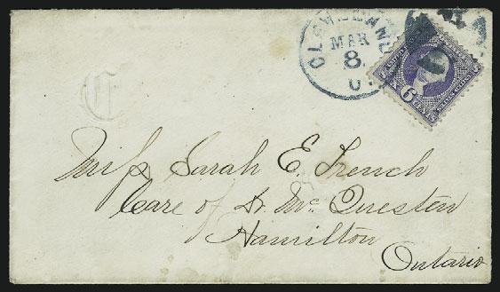 combination of 1869 s and 6c Purple entire for double 6c treaty rate, signed Ashbrook, ex Knapp and Gibson...... E. 400-500 50 ` 6c Ultramarine (115).