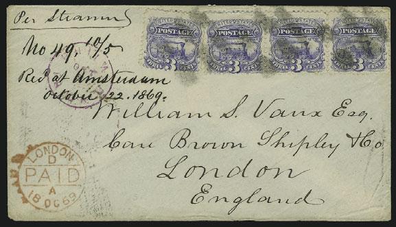 3 (1869) circular datestamp on buff cover to Leeds, England, red New York transit, receiving backstamp, end stamp at left has small faults, otherwise Very