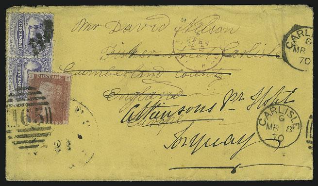 (1871) double-circle datestamp on cover to Liverpool, England, red New York and Liverpool transits, horizontal fold, otherwise Very Fine... E. 100-150 60 ` 3c Ultramarine (114).